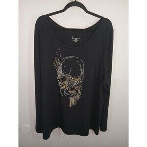 Lane Bryant Womens T-Shirt Black Long Sleeve Scoop Neck Skull Beaded Size 18/20